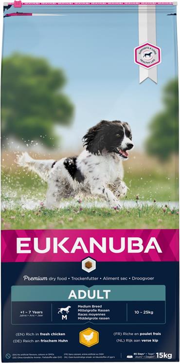 Eukanuba Adult Medium Breed med Kylling. 15 kg. IKKE LAGERVARE - op til plus 2 ugers leveringstid